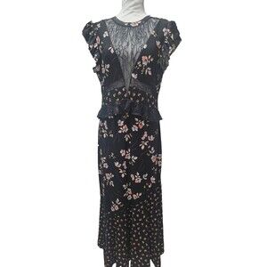 Topshop WOMEN Size 8 US  Lace  Tiered Mix Floral Black Spring Midi Dress